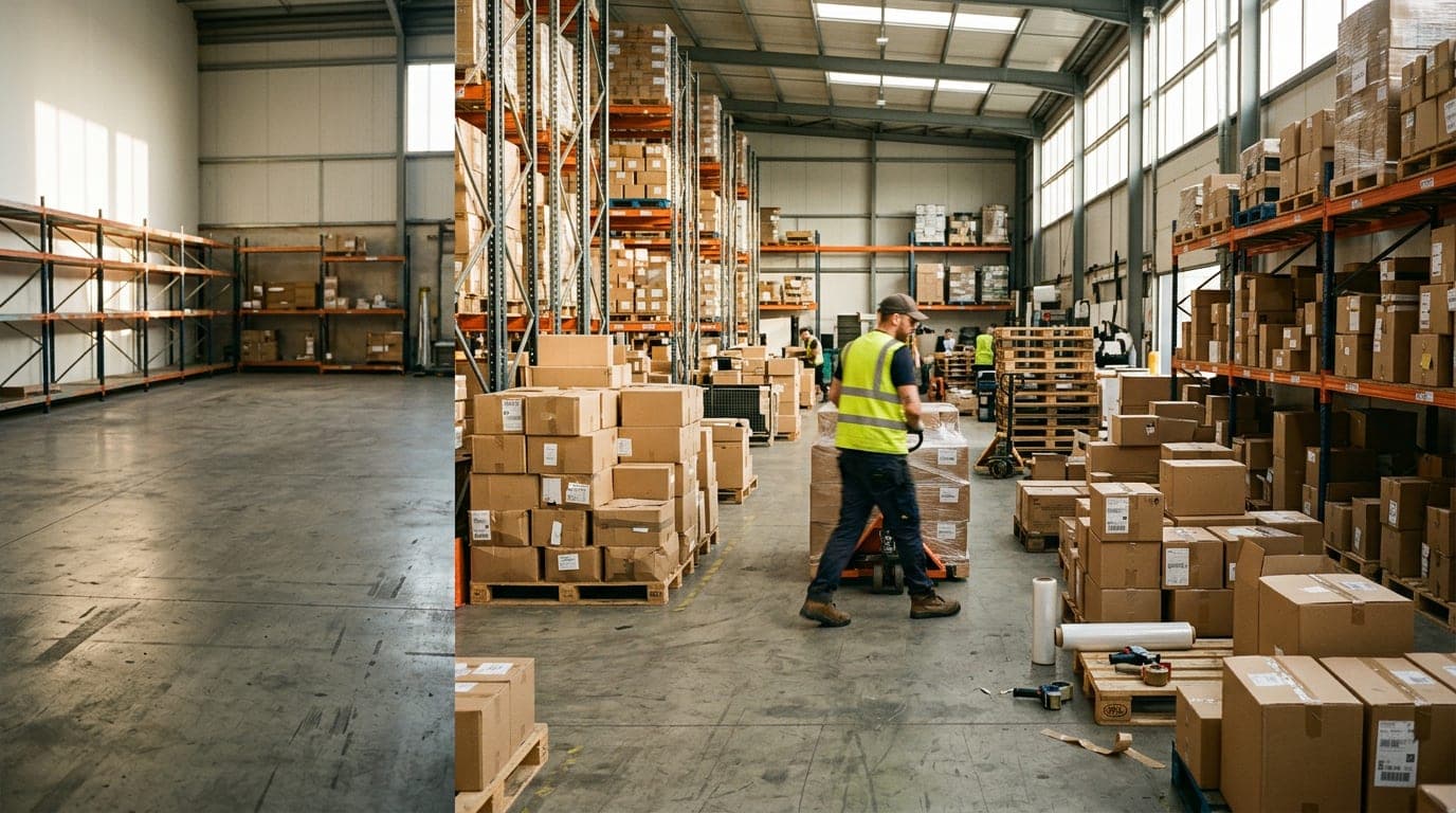 Interior of a shipping warehouse with stacked packages, pallets, and natural light streaming through windows.